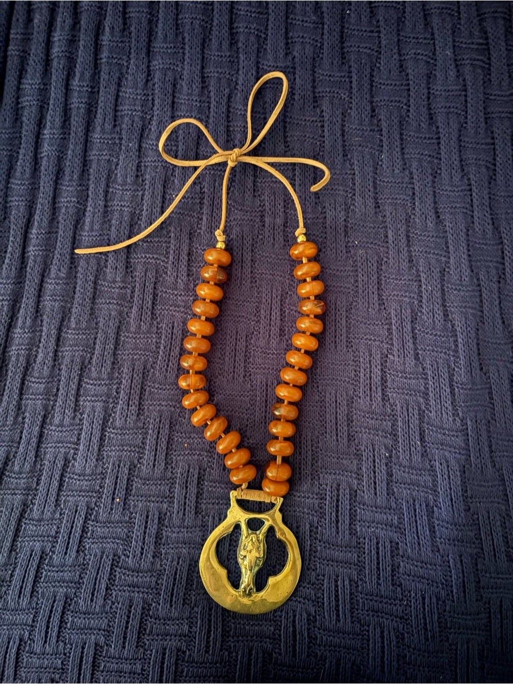 Amber Bead Necklace with Vintage brass horse medallion.